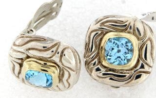 STERLING SILVER WITH 14 KARAT YELLOW GOLD BEZEL BLUE TOPAZ SQUARE SHAPED CLIP ON EARRINGS
