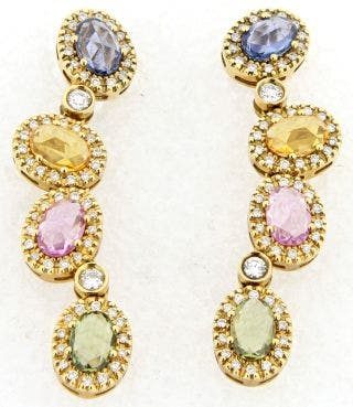 18 KARAT YELLOW GOLD MULTICOLORED SAPPHIRE AND DIAMOND DANGLE EARRINGS