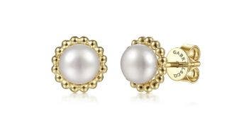 14 KARAT YELLOW GOLD BUJUKAN BEADED EDGE PEARL STUD EARRINGS
