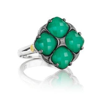 STERLING SILVER/18 KARAT YELLOW GOLD CLEAR QUARTZ OVER GREEN ONYX TACORI RING