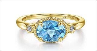 14 KARAT YELLOW GOLD SWISS BLUE TOPAZ AND DIAMOND LADIES RING