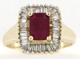 PRE OWNED 14 KARAT YELLOW GOLD RUBY AND DIAMOND RING