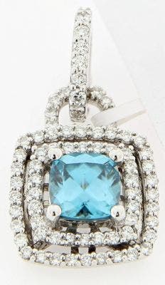 18 KARAT WHITE GOLD DOUBLE DIAMOND HALO BLUE TOPAZ PENDANT WITH DIAMOND BAIL