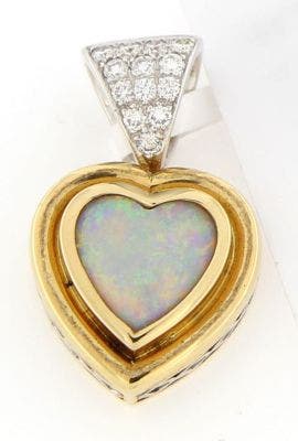 18 KARAT TWO-TONE GOLD OPAL HEART PENDNAT WITH DIAMOND BAIL