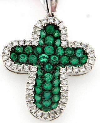 18 KARAT WHITE GOLD EMERALD AND DIAMOND CROSS PENDANT