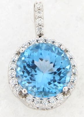 14 KARAT WHITE GOLD BLUE TOPAZ DIAMOND HALO PENDANT