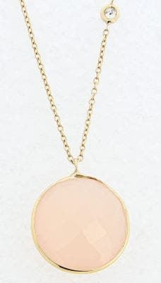 14 KARAT YELLOW GOLD DIAMOND ACCENT NECKLACE WITH BEZELED PINK CHALCEDONY PENDANT