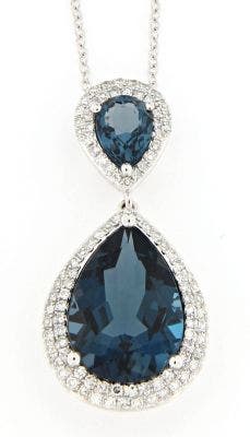 14 KARAT WHITE GOLD NECKLACE WITH DOUBLE TEAR DROP DIAMOND AND LONDON BLUE TOPAZ PENDANT