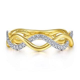 14 KARAT YELLOW GOLD WITH RHODIUM OPEN TWISTED LADIES DIAMOND STACKER BAND
