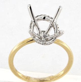 18 KARAT YELLOW AND WHITE GOLD OVAL DIAMOND HIDDEN HALO SEMI MOUNT