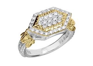 STERLING SILVER AND 14 KARAT YELLOW GOLD SIDEWAYS DIAMOND SHAPED DIAMOND RING
