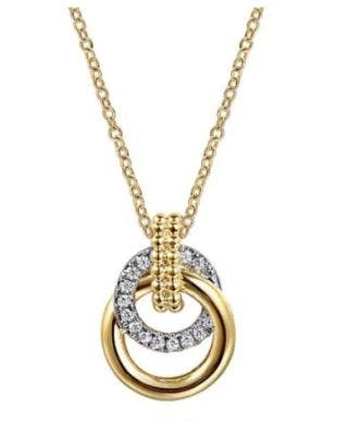 14 KARAT YELLOW AND WHITE GOLD DIAMOND DOUBLE CIRCLE NECKLACE