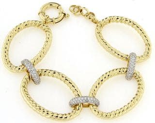 14K Two Tone Gold 3 Domed Pave Diamond Oval Link Bracelet