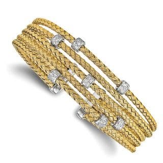 STERLING SILVER WOVEN 5 ROW CUFF WITH GOLD PLATING AND CUBIC ZIRCONIA STATIONS