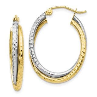 10 KARAT YELLOW AND WHITE GOLD TEXTURED OVAL SHAPE HINGED HOOPS