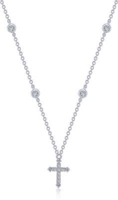 STERLING SILVER WITH PLATINUM BOND LASSAIRE SIMULATED DIAMOND CROSS NECKLACE