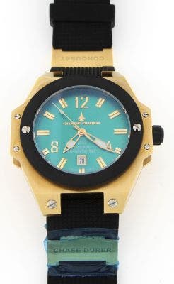 GOLD PLATED STAINLESS STEEL/ TITANIUM GREEN FACE CHASE-DURER WATCH WITH RUBBER BAND