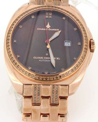 ROSE PLATED STAINLESS STEEL/TITANIUM CHASE-DURER DIAMOND WATCH WITH BROWN MOTHER OF PEARL FACE