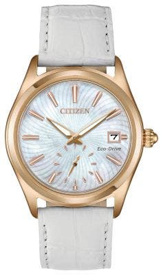 ROSE STAINLESS STEEL ECO-DRIVE CITIZEN WATCH WITH MOTHER OF PEARL FACE & WHITE LEATHER STRAP